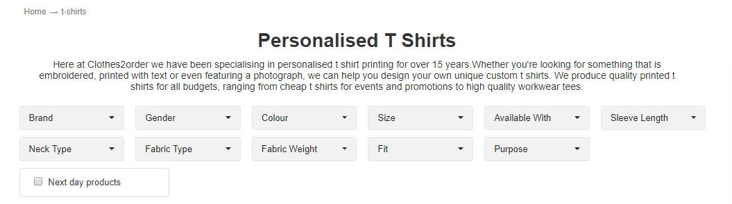 A screen shot of the top of the t-shirts lister page