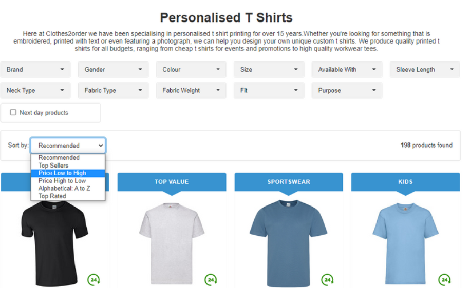 An image showing the t shirts lister page.