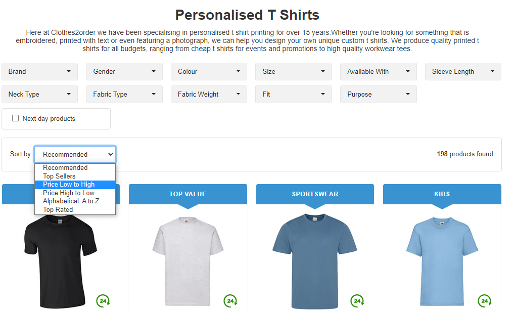 A screenshot of the Clothes2order PLP.