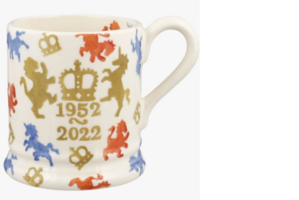 cup with crown, unicorn and griffins painted on