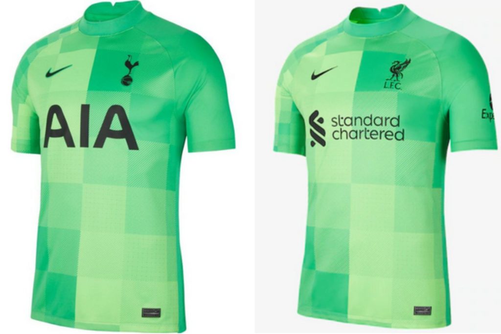 Two green goalkeeper jerseys, both displaying the same checkered pattern. One from Liverpool, the other from Tottenham