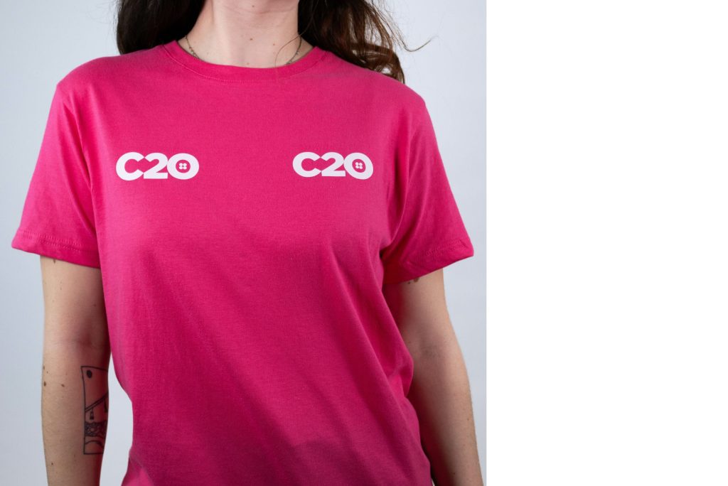 Pink t-shirt featuring Right and Left Chest logo placements.