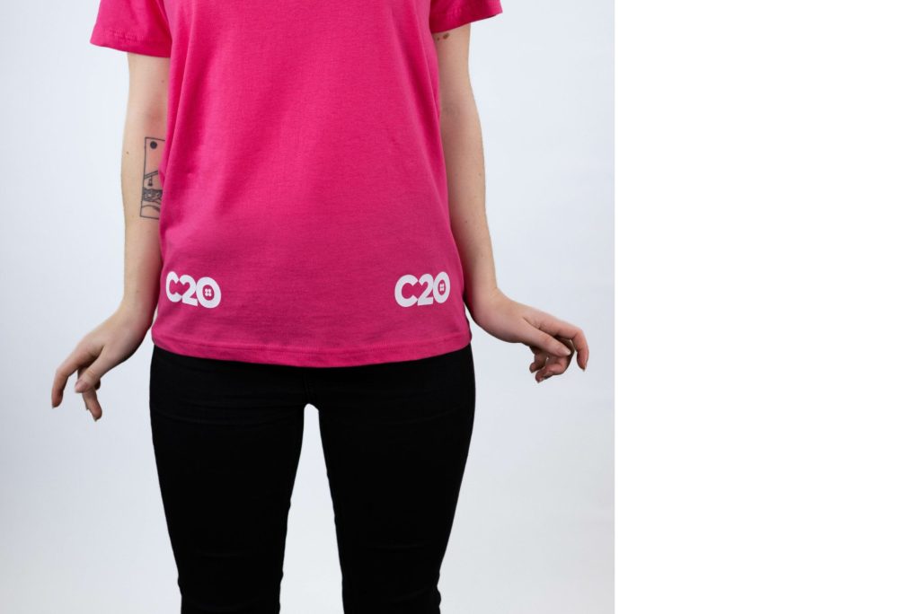 Pink t-shirt featuring Bottom Right and Left logo placements.