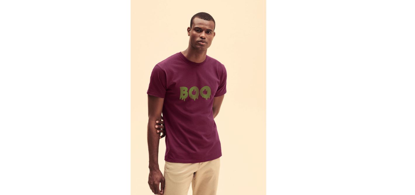 A dark purple T-shirt, with boo written on the front in dark green writing
