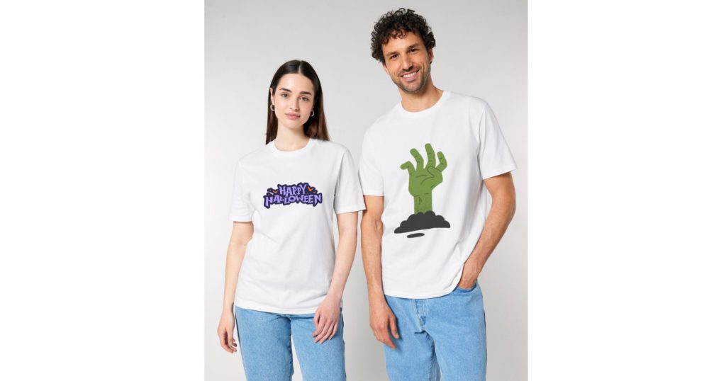 Eco- friendly white T-shirts with different Halloween designs on the front