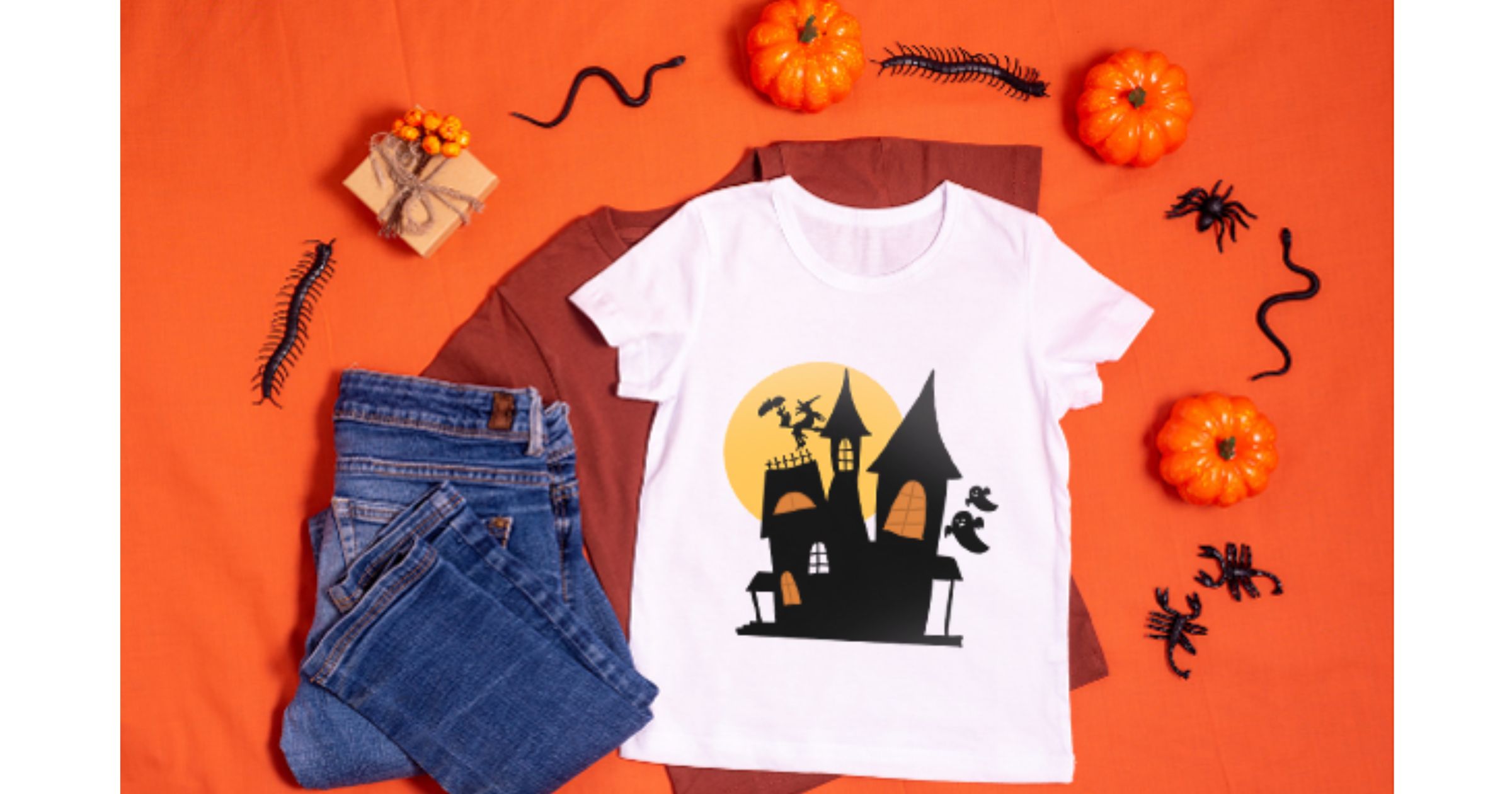 Eco- friendly white T-shirts with different Halloween designs on the front