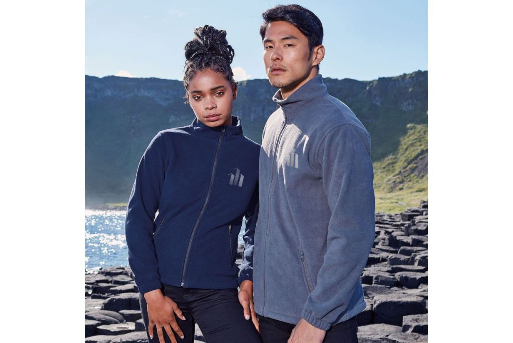 2 100% polyester fleece jackets, one in black, the other in grey
