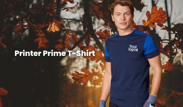 Man wearing a Printer Prime custom t-shirt on an autumn wood background
