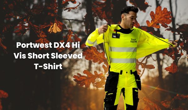 Man wearing a custom Portwest DX4 Hi Vis Short Sleeve T Shirt on an autumn wood background
