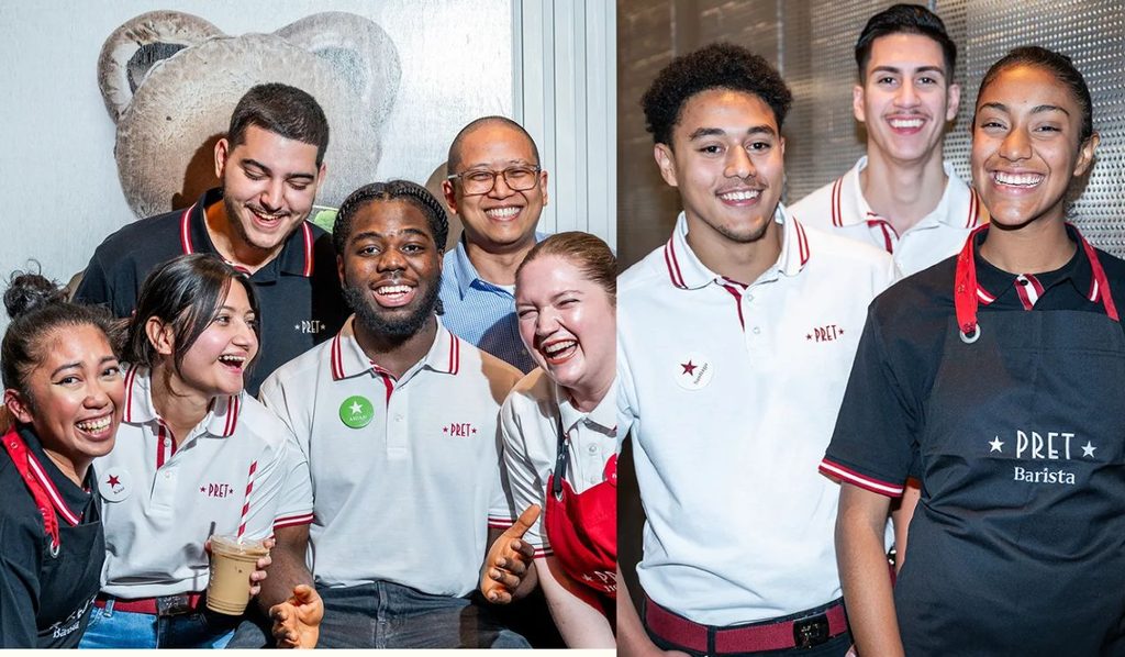 a couple of photos of people wearing Pret a Manger's uniform